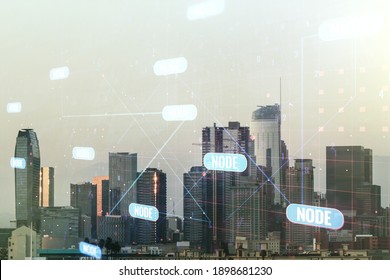 Abstract virtual coding illustration on Los Angeles cityscape background, software development concept. Multiexposure