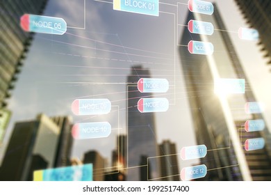 Abstract virtual coding illustration on modern architecture background, software development concept. Multiexposure