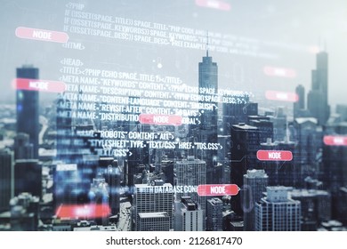 Abstract virtual coding illustration on Chicago cityscape background, software development concept. Multiexposure