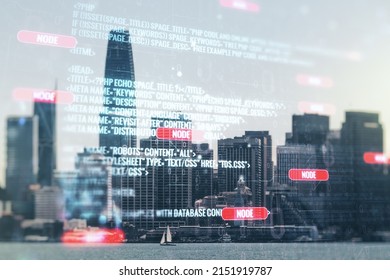 Abstract virtual coding illustration on San Francisco cityscape background, software development concept. Multiexposure
