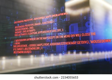 Abstract virtual coding illustration on blurry contemporary office building background, software development concept. Multiexposure