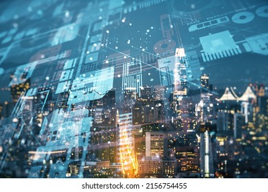 Abstract virtual coding illustration on San Francisco cityscape background, software development concept. Multiexposure