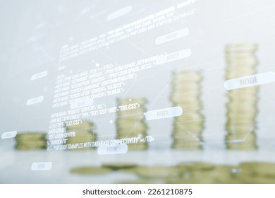 Abstract virtual coding illustration on coins background, software development concept. Multiexposure