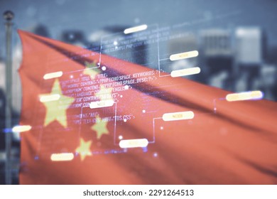 Abstract virtual coding illustration on Chinese flag and skyline background, software development concept. Multiexposure