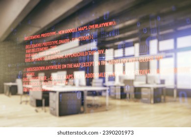 Abstract virtual coding illustration on a modern furnished classroom background, software development concept. Multiexposure