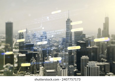Abstract virtual coding illustration on Chicago cityscape background, software development concept. Multiexposure