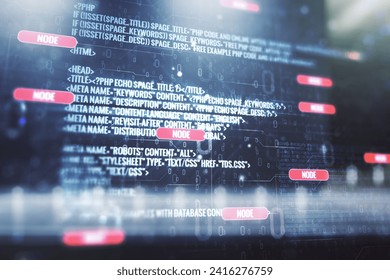 Abstract virtual coding illustration on blurry contemporary office building background, software development concept. Multiexposure