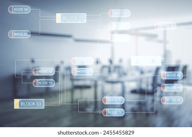 Abstract virtual coding illustration on a modern furnished classroom background, software development concept. Multiexposure