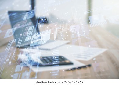 Abstract virtual coding illustration on blurry calculator and computer background, software development concept. Multiexposure