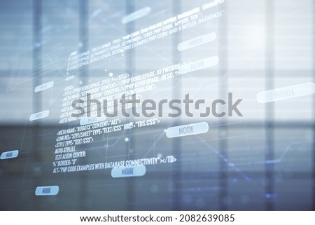 Abstract virtual coding illustration on modern interior background, software development concept. Multiexposure