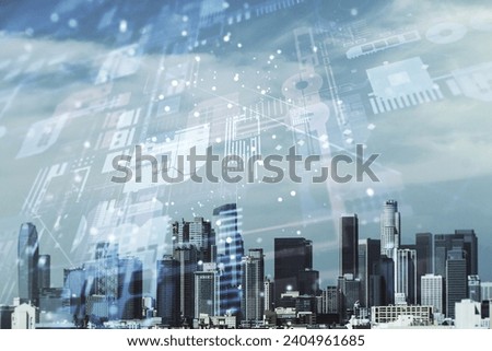 Abstract virtual coding illustration on Los Angeles cityscape background, software development concept. Multiexposure