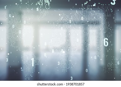 Abstract virtual coding illustration and world map on modern interior background, international software development concept. Multiexposure