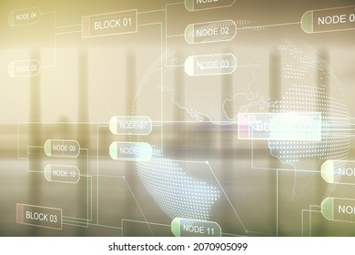 Abstract virtual coding illustration and world map on modern interior background, international software development concept. Multiexposure