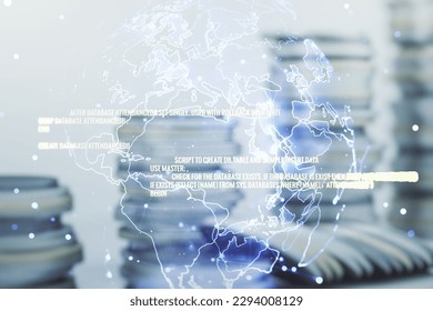 Abstract virtual coding illustration and world map on coins background, international software development concept. Multiexposure
