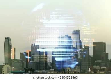 Abstract virtual coding illustration and world map on Los Angeles cityscape background, international software development concept. Multiexposure