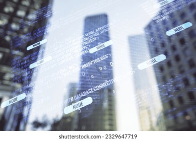 Abstract virtual coding illustration and world map on modern architecture background, international software development concept. Multiexposure