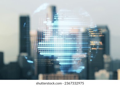 Abstract virtual coding illustration and world map on blurry skyscrapers background, international software development concept. Multiexposure
