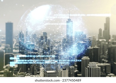 Abstract virtual coding illustration and world map on Chicago cityscape background, international software development concept. Multiexposure