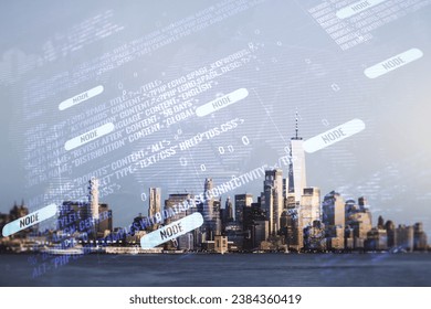 Abstract virtual coding illustration and world map on New York cityscape background, international software development concept. Multiexposure