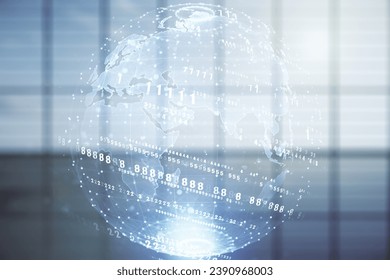 Abstract virtual coding illustration and world map on modern interior background, international software development concept. Multiexposure