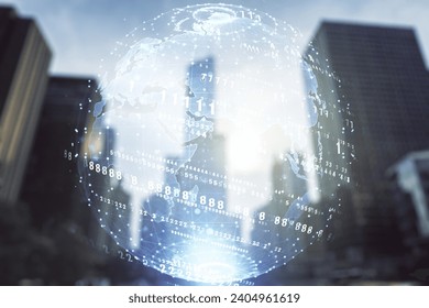 Abstract virtual coding illustration and world map on modern architecture background, international software development concept. Multiexposure