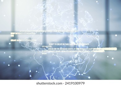 Abstract virtual coding illustration and world map on modern interior background, international software development concept. Multiexposure
