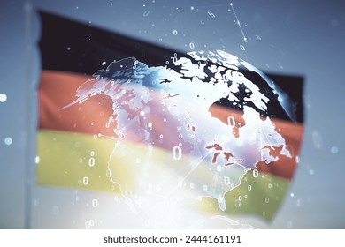 Abstract virtual coding illustration and world map on German flag and sunset sky background, international software development concept. Multiexposure - Powered by Shutterstock - Get 15% off with code: PIKWIZARD15