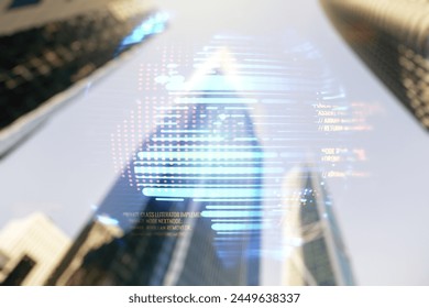 Abstract virtual coding illustration and world map on modern architecture background, international software development concept. Multiexposure