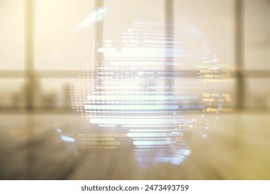 Abstract virtual coding illustration and world map on modern interior background, international software development concept. Multiexposure