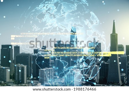 Abstract virtual coding illustration and world map on San Francisco cityscape background, international software development concept. Multiexposure