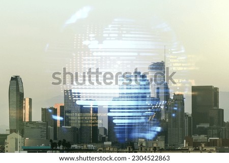 Abstract virtual coding illustration and world map on Los Angeles cityscape background, international software development concept. Multiexposure