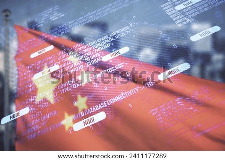 Abstract virtual coding illustration and world map on Chinese flag and skyline background, international software development concept. Multiexposure