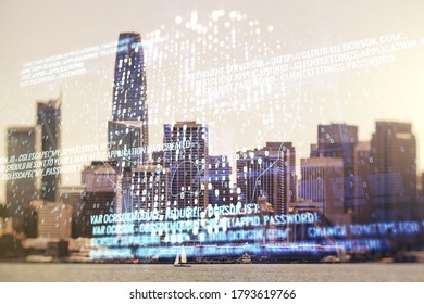 Abstract virtual creative code skull hologram on San Francisco office buildings background, theft of personal data and malware concept. Multiexposure