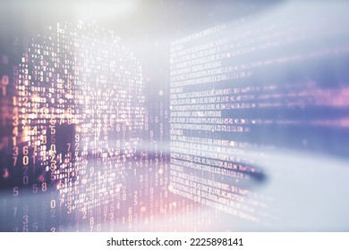 Abstract virtual creative code skull hologram on empty room interior background, theft of personal data and malware concept. Multiexposure