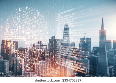 Abstract virtual creative code skull hologram on San Francisco office buildings background, theft of personal data and malware concept. Multiexposure