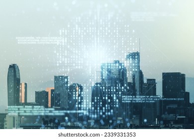 Abstract virtual creative code skull hologram on Los Angeles office buildings background, theft of personal data and malware concept. Multiexposure - Powered by Shutterstock