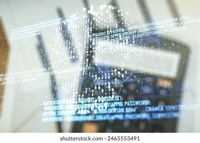 Abstract virtual creative code skull hologram on calculator and papers background, theft of personal data and malware concept. Multiexposure