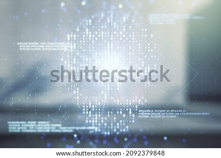 Abstract virtual creative code skull hologram on contemporary business center exterior background, theft of personal data and malware concept. Multiexposure