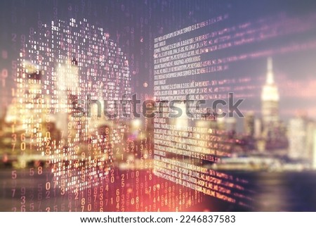 Abstract virtual creative code skull hologram on blurry office buildings background, theft of personal data and malware concept. Multiexposure