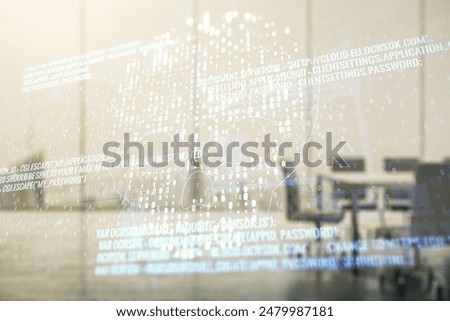 Abstract virtual creative code skull hologram on a modern boardroom background, theft of personal data and malware concept. Multiexposure