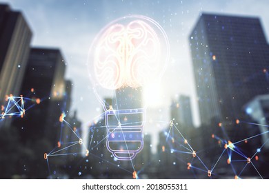 Abstract virtual creative light bulb with human brain hologram on blurry cityscape background, artificial Intelligence and neural networks concept. Multiexposure