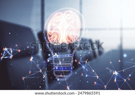 Abstract virtual creative light bulb with human brain hologram on a modern boardroom background, artificial Intelligence and neural networks concept. Multiexposure