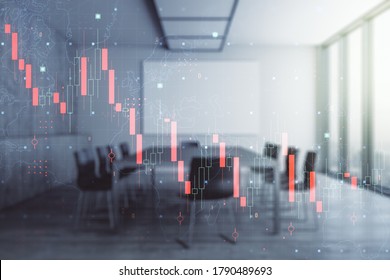 Abstract Virtual Crisis Chart Illustration On A Modern Conference Room Background. Global Crisis And Bankruptcy Concept. Multiexposure