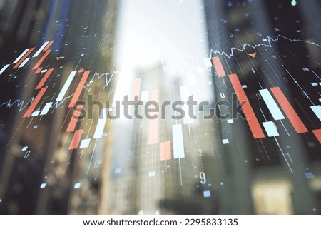 Abstract virtual crisis chart illustration on office buildings background. Global crisis and bankruptcy concept. Multiexposure
