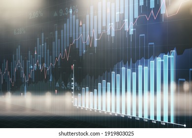 Abstract virtual financial graph hologram on blurry contemporary office building background, financial and trading concept. Multiexposure