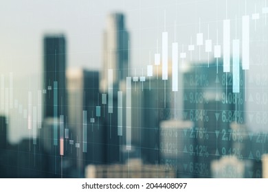 Abstract virtual financial graph hologram on blurry skyscrapers background, financial and trading concept. Multiexposure - Shutterstock ID 2044408097