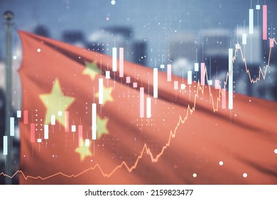 Abstract Virtual Financial Graph Hologram On Chinese Flag And Skyline Background, Financial And Trading Concept. Multiexposure