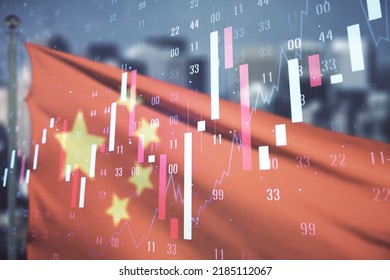 Abstract Virtual Financial Graph Hologram On Chinese Flag And Skyline Background, Financial And Trading Concept. Multiexposure