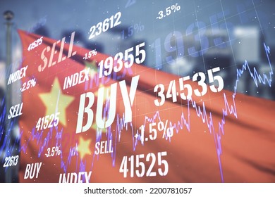 Abstract Virtual Financial Graph Hologram On Chinese Flag And Skyline Background, Financial And Trading Concept. Multiexposure