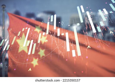 Abstract Virtual Financial Graph Hologram On Chinese Flag And Skyline Background, Financial And Trading Concept. Multiexposure